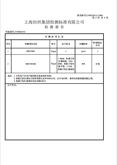 负离子纤维负离子浓度检测报告